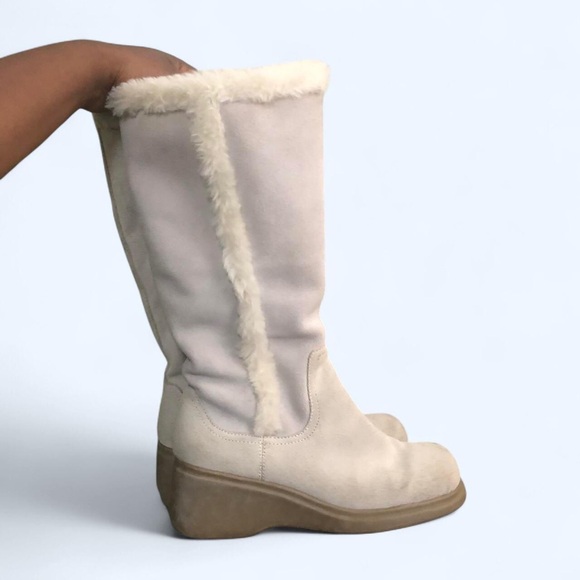 Y2K White Leather Suede Fur Bratz Destroyer Boots Mid-Calf Chunky Platform Wedge - Picture 2 of 7
